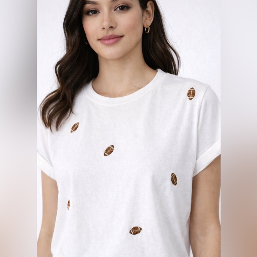 On 12th White Football Print T-Shirt Gold Sequin Football Embellished Tee Small